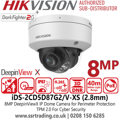 Hikvision iDS-2CD5D87G2/V-XS (2.8mm) 4K DeepinViewX Fixed Lens IP Network Dome 8MP Security Camera for Perimeter Protection with 2.8mm Fixed Lens, IP67, IK10, 40 White Light Range 