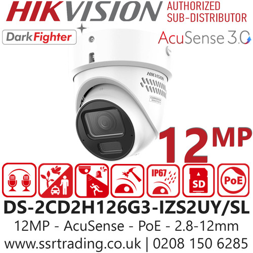 Hikvision DS-2CD2H126G3-IZS2UY/SL (2.8-12mm) 12MP Acusense Strobe Light and Audible Warning Motorized Varifocal Turret IP Network Camera 