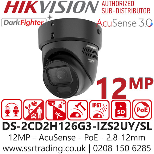 Hikvision UHD Acusense Strobe Light and Audible Warning Motorized Varifocal 12MP Turret IP PoE Camera, Water and dust resistant (IP67) and vandal resistant (IK10) - DS-2CD2H126G3-IZS2UY/SL/Black (2.8-12mm)