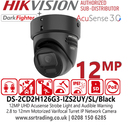 Hikvision UHD Acusense Strobe Light and Audible Warning Motorized Varifocal 12MP Turret IP PoE Camera, Water and dust resistant (IP67) and vandal resistant (IK10) - DS-2CD2H126G3-IZS2UY/SL/Black (2.8-12mm)