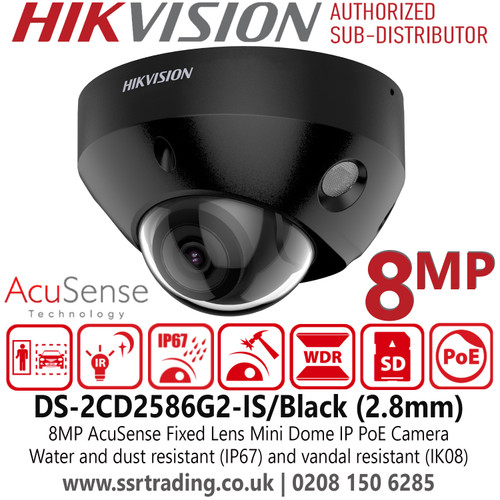 DS-2CD2586G2-IS/Black (2.8mm) Hikvision 8MP AcuSense Audio Dome IP PoE Camera with Built in Microphone, 30m IR Distance