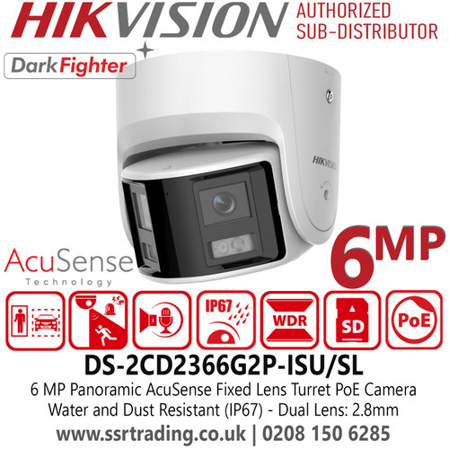 DS-2CD2366G2P-ISU/SL (2.8mm) Hikvision 6MP Panoramic AcuSense Darkfighter Turret IP PoE Camera with Dual Lens: 2.8mm, Two-way Talk, IP67 Water and Dust Resistant 
