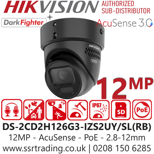 Hikvision 12MP Acusense Strobe Light IP Camera - DS-2CD2H126G3-IZS2UY/SL(RB)/Black (2.8-12mm)