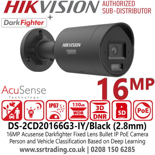Hikvision 16MP Acusense Powered by Darkfighter Fixed Lens Bullet Network IP Camera Color in Black - DS-2CD20166G3-IY/Black (2.8mm)