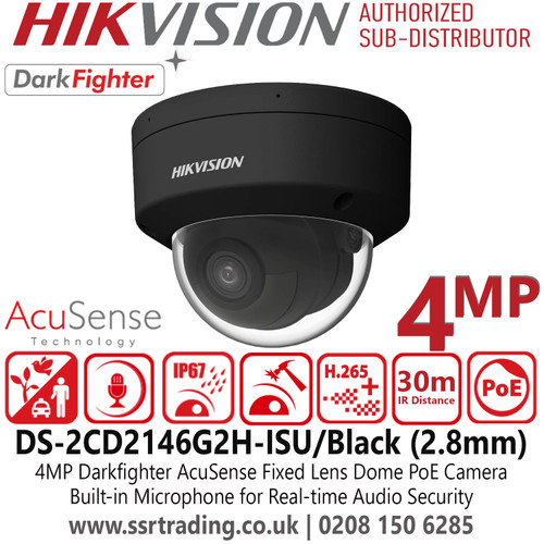 DS-2CD2146G2H-ISU/Black (2.8mm) Hikvision 4MP AcuSense Audio Dome IP CCTV Camera with 2.8mm Fixed Lens, Water and Dust Resistant (IP67) and Vandal-Resistant (IK10) 