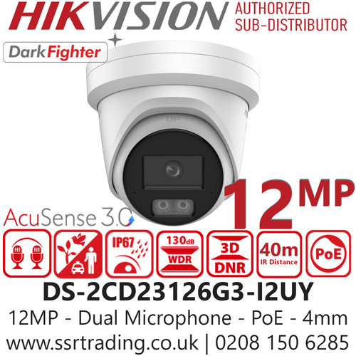 Hikvision 12MP Ultra High Definition Acusense Powered by Darkfighter Fixed Turret Network Camera - DS-2CD23126G3-I2UY (4mm)