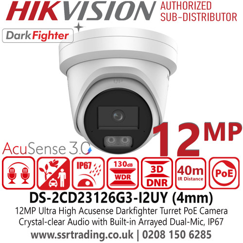 12MP Turret IP Camera, Hikvision DS-2CD23126G3-I2UY (4mm) Ultra High Definition Acusense Powered by Darkfighter Fixed Turret Network Camera 
