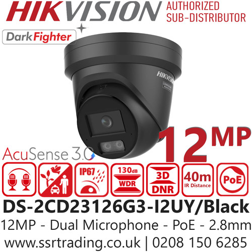 Hikvision 12MP AcuSense Darkfighter Dual Microphone IP PoE Turret Camera - DS-2CD23126G3-I2UY/Black (2.8mm)