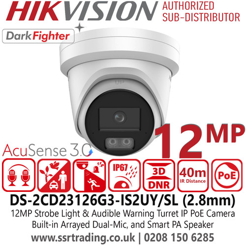 Hikvision 12MP Acusense Strobe Light and Audible Warning Turret IP Network Camera with 2.8mm Fixed Lens, Crystal-clear audio with Built-in Arrayed Dual-Mic, and Smart PA Speaker - DS-2CD23126G3-IS2UY/SL (2.8mm)