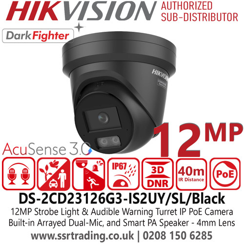 Hikvision 12MP Strobe Light & Audible Warning Turret PoE Camera with 4mm Lens, Tamper-free & eco-friendly packaging, Anti-corrosion design, providing reliability and longevity compared to standard (NEMA 4X) - DS-2CD23126G3-IS2UY/SL/Black (4mm)