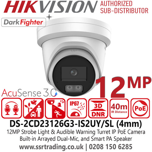 12MP Network Turret Camera, Hikvision UHD Acusense Strobe Light and Audible Warning Fixed Lens Turret IP PoE Camera with Active strobe light and audio alarm (/SL: white light, /SRB: red & blue light), IP67 - DS-2CD23126G3-IS2UY/SL (4mm)