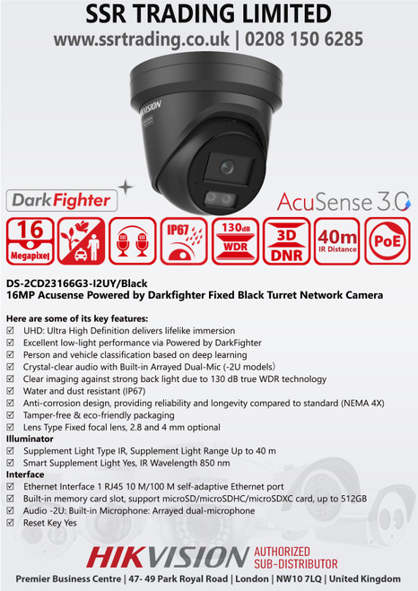Hikvision 16MP Acusense Turret PoE Camera - DS-2CD23166G3-I2UY/Black (4mm)
