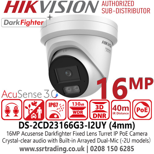 Hikvision 16MP Acusense Darkfighter Turret IP Network Camera with 4mm Fixed Lens, 40m IR Range, Crystal-clear audio with Built-in Arrayed Dual-Mic - DS-2CD23166G3-I2UY (4mm)