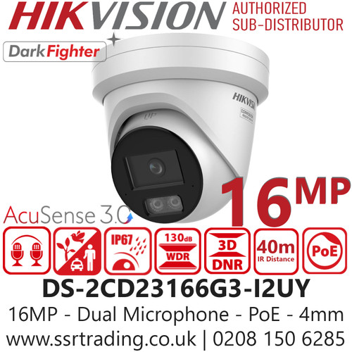 16MP Network Turret Camera, Hikvision DS-2CD23166G3-I2UY (4mm) UHD Acusense Darkfighter Turret IP PoE CCTV Security Camera with 4mm Fixed Lens, 40m IR Range, Crystal-clear audio with Built-in Arrayed Dual-Mic