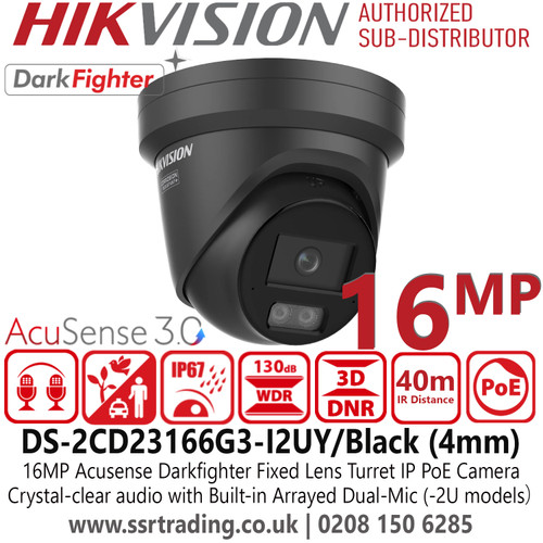 Hikvision 16MP Acusense Weatherproof  IP Network CCTV Camera for UK Security - DS-2CD23166G3-I2UY/Black (4mm)