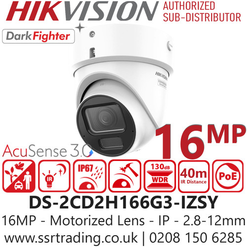 Hikvision DS-2CD2H166G3-IZSY Advanced 16MP Surveillance IP PoE Turret Camera, DarkFighter Technology, Smart Intrusion Detection, GDPR/NDAA Compliant, IP67 Outdoor CCTV for UK Commercial Security