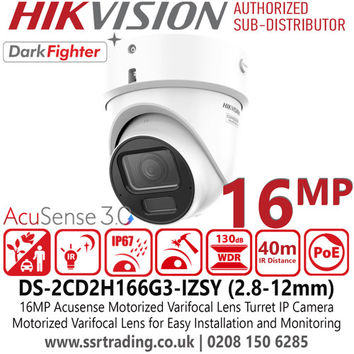 Hikvision DS-2CD2H166G3-IZSY Advanced 16MP Surveillance IP PoE Turret Camera, DarkFighter Technology, Smart Intrusion Detection, GDPR/NDAA Compliant, IP67 Outdoor CCTV for UK Commercial Security