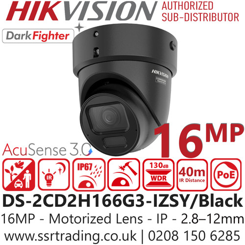Hikvision 16MP DarkFighter Motorised Varifocal Lens Black Turret Network Camera with 40m IR, IP67 Weatherproof, IK10 Vandal Resistant, H.265+ Compression – Professional CCTV UK - DS-2CD2H166G3-IZSY/Black (2.8-12mm)