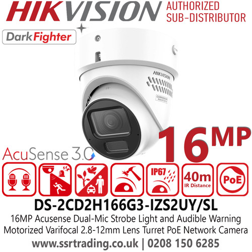 DS-2CD2H166G3-IZS2UY/SL Hikvision UHD 16MP Acusense Strobe Light & Audible Warning Motorized Varifocal Lens 2.8-12mm  IP Network Camera with UHD: Ultra High Definition delivers, Built-in Arrayed Dual-Mic, and Smart PA Speaker 