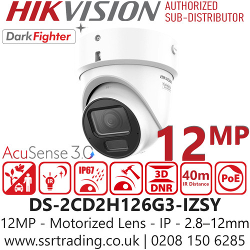Hikvision AcuSense 12MP Turret Network Camera with Motorised Varifocal Lens, 40m IR Night Vision, H.265+ Compression, 130dB WDR, 3D DNR, Smart Event Detection, IK10 Vandal Resistant, IP67 Weatherproof - DS-2CD2H126G3-IZSY (2.8-12mm)
