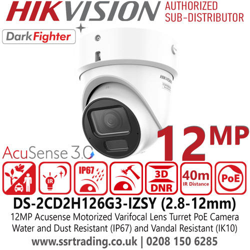 Hikvision AcuSense 12MP Turret Network PoE Camera with Motorised Varifocal Lens, 40m IR Night Vision, H.265+ Compression, 130dB WDR, 3D DNR, PoE Supported CCTV Solution for Professional Outdoor Surveillance UK- DS-2CD2H126G3-IZSY (2.8-12mm)