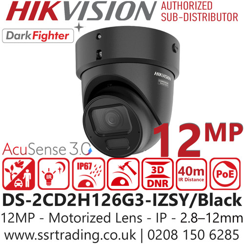 DS-2CD2H126G3-IZSY/Black (2.8-12mm) Hikvision 12MP UHD Acusense Darkfighter Motorized Varifocal Lens Turret Network IP Camera