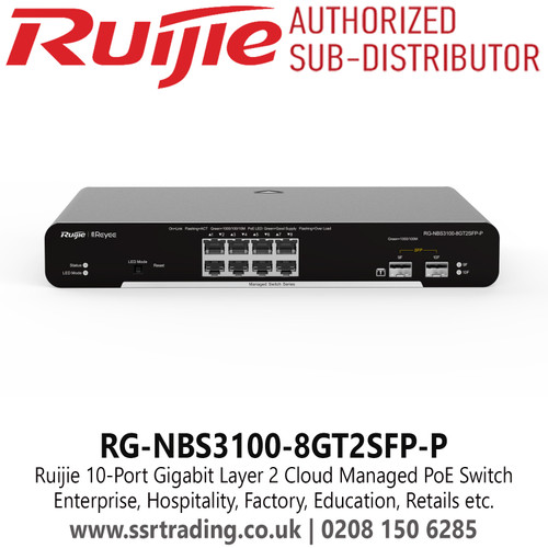 RG-NBS3100-8GT2SFP-P Ruijie 10 Port Gigabit Layer 2 Cloud Managed PoE Switch, Enterprise, Hospitality, Factory, Education, Retails etc. 