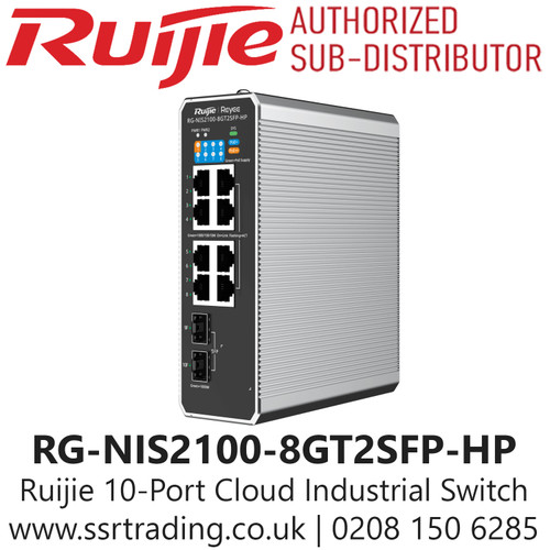 Ruijie RG-NIS2100-8GT2SFP-HP, 10-Port Cloud Managed Industrial Switch, with 1 x PoE++ Port, 7 x PoE+ Ports, and 2 x SFP Uplink Ports