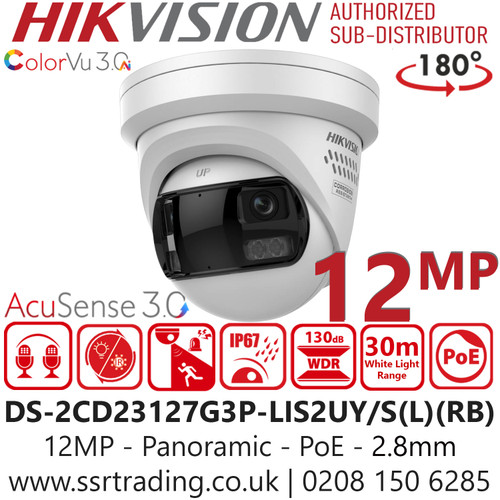 Hikvision DS-2CD23127G3P-LIS2UY/S(L)(RB) 12MP/UHD Panoramic ColorVu Fixed Lens Turret IP Network Camera with 2.8mm Fixed Lens, 30m White Light Range, Crystal-clear audio with Arrayed Dual-Mic 