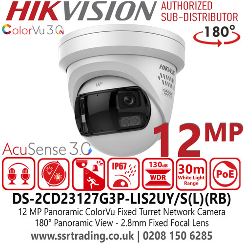 DS-2CD23127G3P-LIS2UY/S(L)(RB) Hikvision 12MP/UHD Panoramic ColorVu Fixed Lens Turret IP Network Camera with 2.8mm Fixed Lens, 30m White Light Range, Crystal-clear audio with Arrayed Dual-Mic 