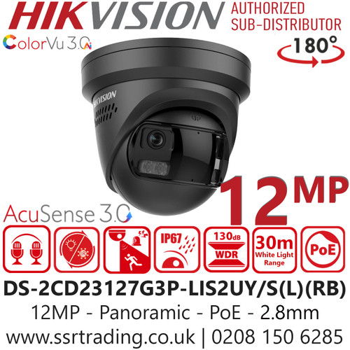 DS-2CD23127G3P-LIS2UY/S(L)(RB)/Black Hikvision 12MP Panoramic ColorVu Fixed Turret Network IP Camera, 180° panoramic view, 24/7 colorful imaging via ColorVu 3.0 technology