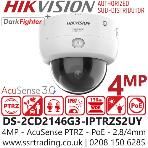 DS-2CD2146G3-IPTRZ(S2U)Y (2.8/4mm) Hikvision 4MP AcuSense PTRZ Dome IP Network Camera with 2.8/4mm In One Lens, Point Varifocal, Supplement Light Range  Up to 30m, Water and Dust Resistant (IP67), and Vandal Resistant (IK10)  