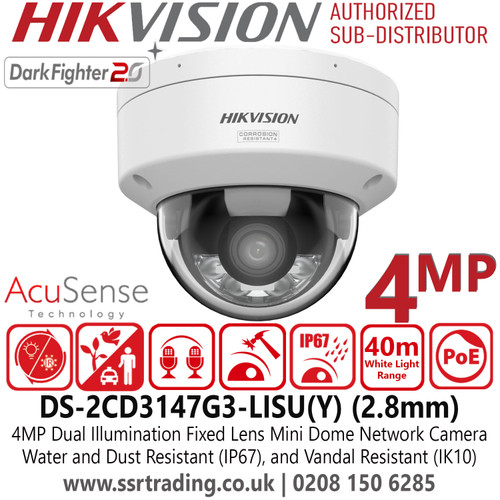 DS-2CD3147G3-LISU(Y) (2.8mm) Hikvision 4MP Darkfighter Dual Illumination Mini Dome IP Network Camera with 2.8mm Fixed Lens, 40m White Light Range, IP67 Water and Dust Resistant, IK10 Vandal Resistant