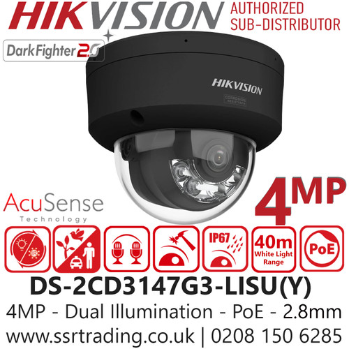 Hikvision DS-2CD3147G3-LISU(Y)/Black (2.8mm) 4MP Dual Illumination Mini Dome Network PoE Camera, 24/7 colorful imaging via Darkfighter 2.0 technology, Water and dust resistant (IP67) and vandal-resistant (IK10), Scene-adaptive WDR 