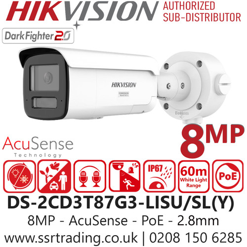 Hikvision 8MP AcuSense Strobe Light and Audible Warning Fixed Lens Bullet IP Network Camera with 2.8mm Fixed Lens - DS-2CD3T87G3-LISU/SL(Y) (2.8mm)