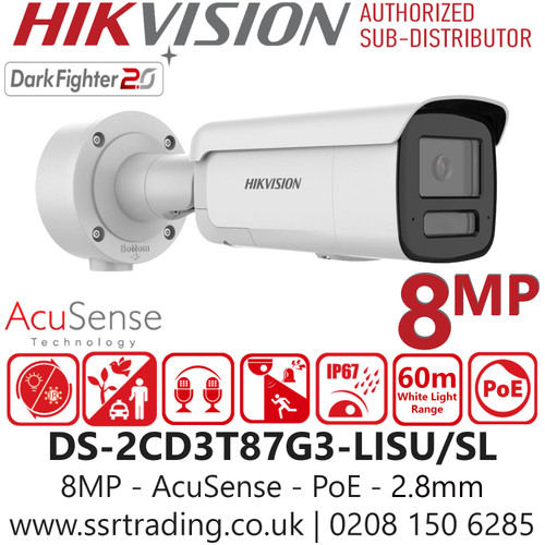 Hikvision DS-2CD3T87G3-LISU/SL (2.8mm) 4K/8MP AcuSense Strobe Light and Audible Warning Fixed Bullet PoE Network Camera 