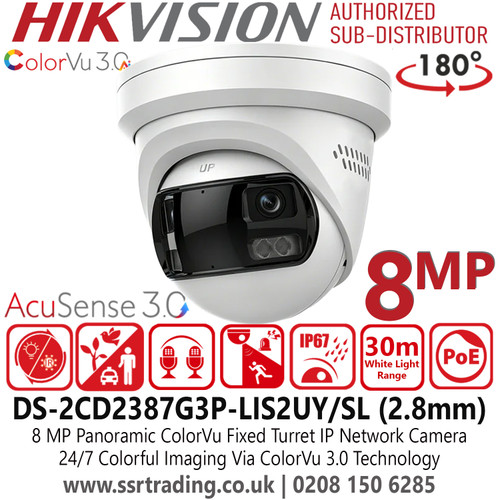 Hikvision 8MP Panoramic ColorVu Fixed Lens Turret IP Network Camera with 2.8mm Fixed Lens, 30m White Light Range, IP67 Water and Dust Resistant, ColorVu Technology, Bulit In Mic - DS-2CD2387G3P-LIS2UY/SL (2.8mm)