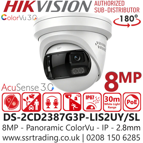 Hikvision DS-2CD2387G3P-LIS2UY/SL (2.8mm) 8MP Panoramic ColorVu Fixed Lens Turret IP Network Camera with 2.8mm Fixed Lens, 30m White Light Range, IP67 Water and Dust Resistant, ColorVu Technology, Bulit In Mic 