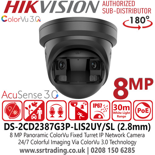 Hikvision 4K/8MP Panoramic ColorVu Turret IP PoE Camera with 2.8mm Fixed Lens - DS-2CD2387G3P-LIS2UY/SL/Black (2.8mm)