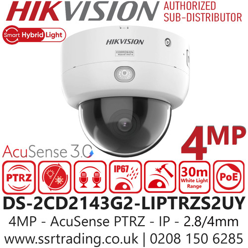 Hikvision 4MP AcuSense PTRZ Dome IP Network Camera with 2.8/4mm In One Lens, Point Varifocal, Water and Dust Resistant (IP67), and Vandal Resistant (IK10) - DS-2CD2143G2-LIPTRZ(S2U)Y