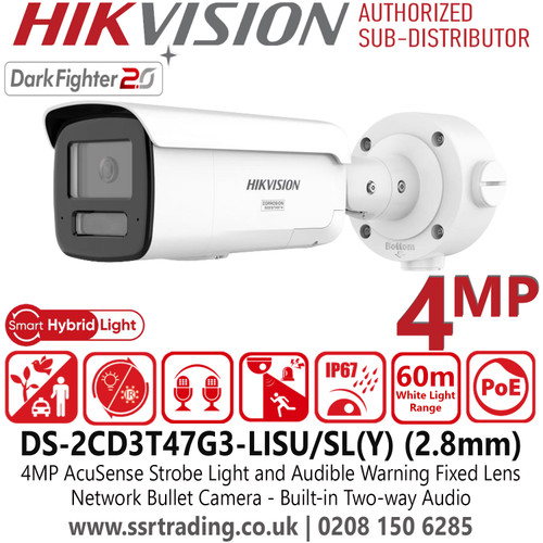 Hikvision 4MP AcuSense Strobe Light and Audible Warning Fixed Lens Bullet IP Network Camera - DS-2CD3T47G3-LISU/SL(Y) (2.8mm)