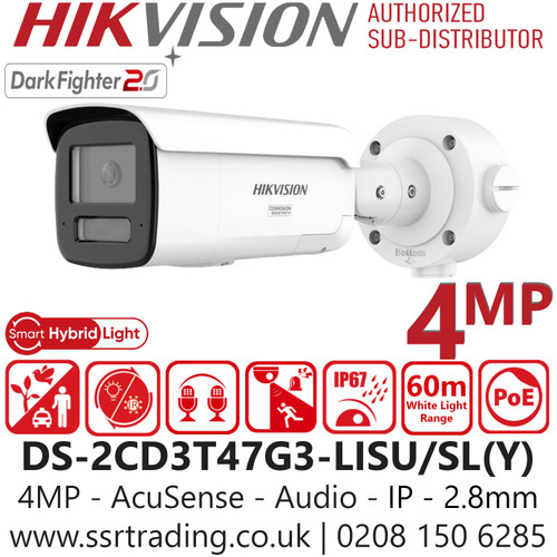 DS-2CD3T47G3-LISU/SL(Y) (2.8mm) Hikvision 4MP AcuSense Strobe Light and Audible Warning Fixed Lens Bullet IP Network Camera with 2.8mm Lens, Built-in Two-way Audio