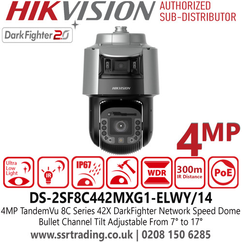 Hikvision DS-2SF8C442MXG1-EL(W)(Y)/14 4MP TandemVu 8C Series 42X DarkFighter Network Speed Dome PTZ IP Camera with 30m White Light Range and 300m IR Range, IP67, IK10