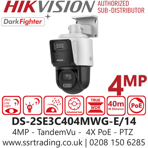 Hikvision DS-2SE3C404MWG-E/14 TandemVu 4MP+4MP 4X POE PTZ IP Camera, Supports WDR, HLC, BLC, 3D DNR, defog, Regional Exposure, Regional Focus 
