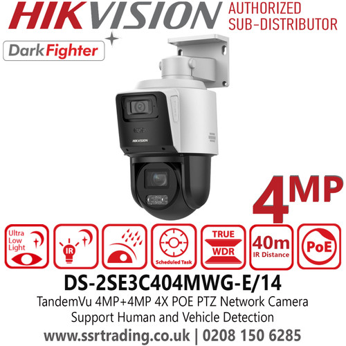 DS-2SE3C404MWG-E/14 Hikvision TandemVu 4MP+4MP 4X POE PTZ IP Camera, Supports WDR, HLC, BLC, 3D DNR, defog, Regional Exposure, Regional Focus 
