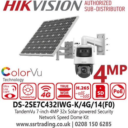 Hikvision TandemVu 7-inch 4MP 32x Solar-powered Security IP Network Speed Dome Kit - DS-2SE7C432IWG-K/4G/14(F0)