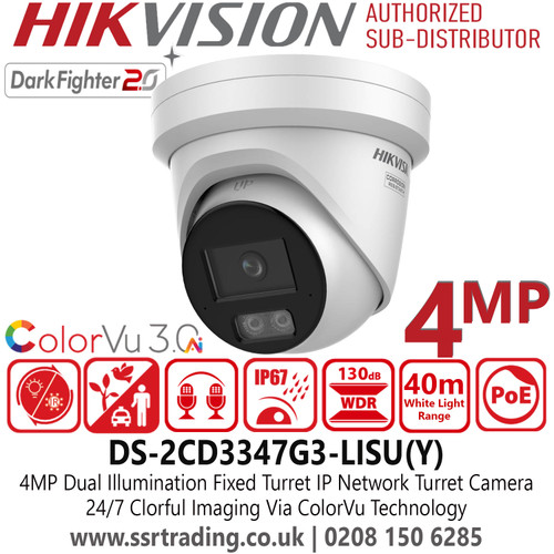 Hikvision 4MP Dual Illumination Fixed Lens Turret PoE Network Camera with 2.8mm Lens, 40m White Light Range, IP67 Water and Dust Resistant, Anti-corrosion Design - DS-2CD3347G3-LISU(Y) (2.8mm)