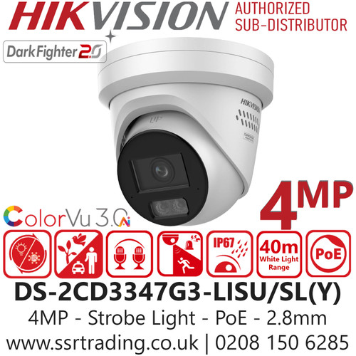 Hikvision 4MP AcuSense Strobe Light and Audible Warning Fixed Lens Turret IP Network Camera with Scene-adaptive WDR, Built-in two-way Audio, Anti-corrosion Design, Audio and alarm interface available - DS-2CD3347G3-LISU/SL(Y) (2.8mm)