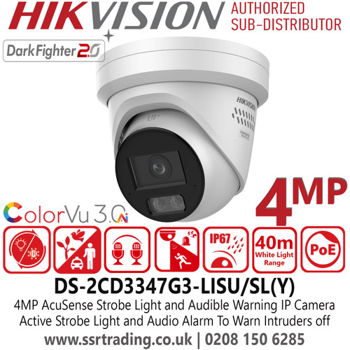 Hikvision 4MP AcuSense Strobe Light and Audible Warning Fixed Lens Turret IP Network Camera with Scene-adaptive WDR, Built-in two-way Audio, Anti-corrosion Design, Audio and alarm interface available - DS-2CD3347G3-LISU/SL(Y) (2.8mm)