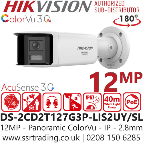Hikvision 12MP Panoramic ColorVu 2.8mm Fixed Lens Bullet IP Network Camera with 180° Panoramic View, Crystal-clear audio with Arrayed Dual-Mic, Anti-corrosion design (NEMA 4X), more reliable - DS-2CD2T127G3P-LIS2UY/S(L)(RB)